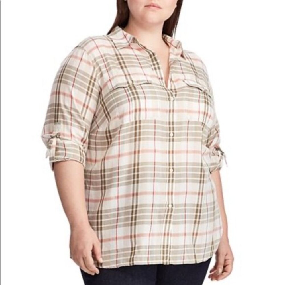 Ralph Lauren NWT Plaid-Print Cotton Button-Up Shirt Women's Size 1X
